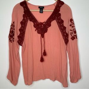 Y2K Coquette Peach Crochet Lace-Up Blouse L